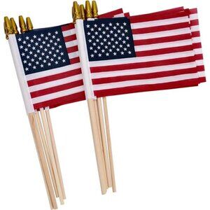 12-Pack Mini American Flags – 4×6″ US Flags on 12″ Wooden Sticks